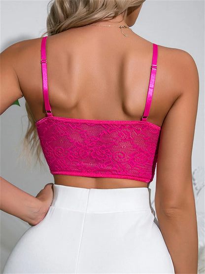 Sexy Women Lace Corsets Sleeveless Spaghetti Strap Front Buttons Up Ruffles V-neck Mini Vest Bustiers Crop Top