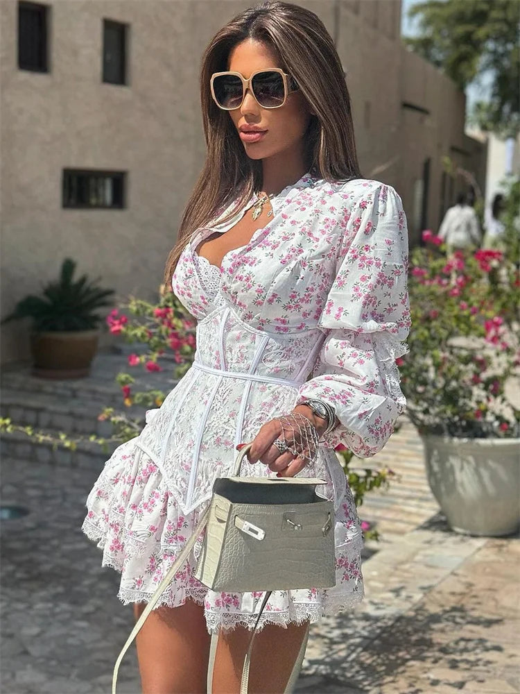 Ruffled V-neck Lace Floral Dress