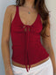 Red Lace-Up Cut-Out V-Neck Backless Cami Top