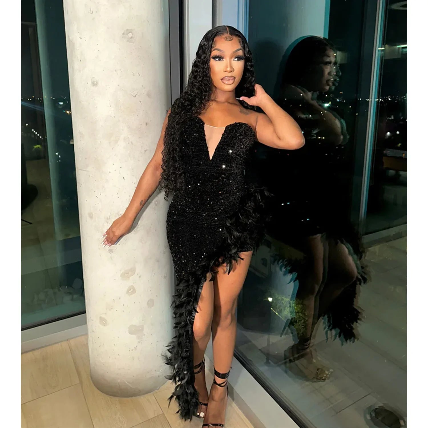 Feather Mesh Sequin Split Maxi Party Dress Main image