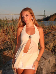 Tie-Back Patchwork Mesh Tank Sheer Top