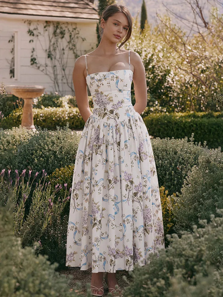 Pleated Print A-line Spaghetti Summer Dress Secondary image