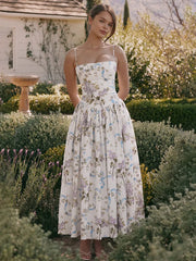 Pleated Print A-line Spaghetti Summer Dress