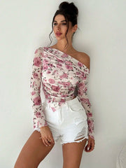 Irregular Print Slanted Sheer Top