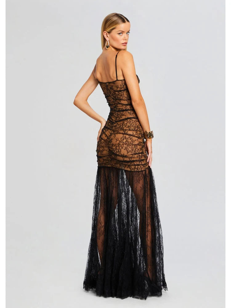 Spaghetti Strap Folds Split Elegant Lace Dress