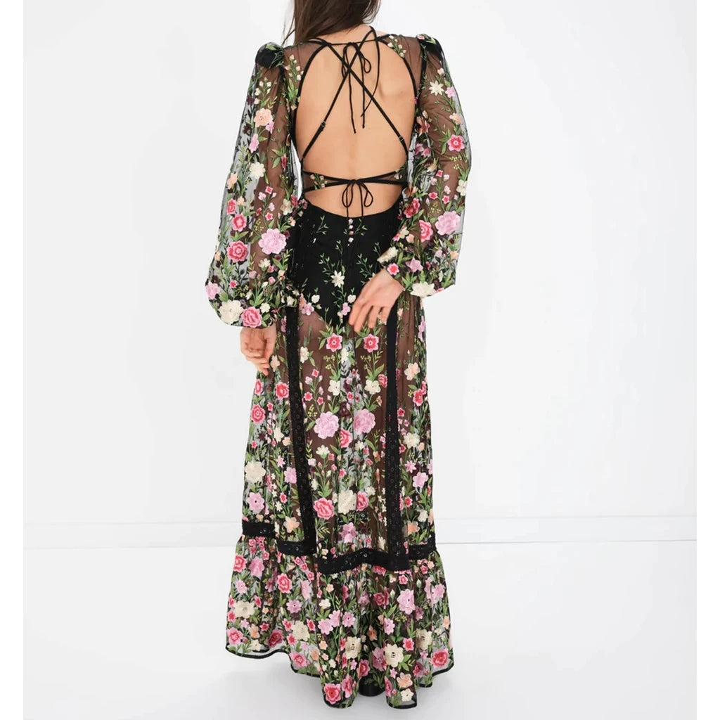 Sheer Lace Embroidery Floral Dress