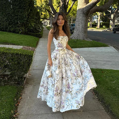 Pleated Print A-line Spaghetti Summer Dress