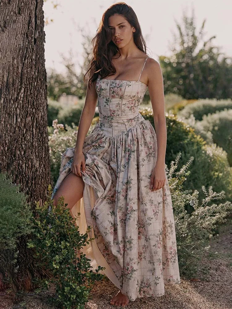 Pleated Print A-line Spaghetti Summer Dress Main image