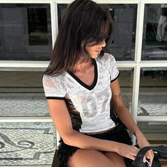 Patchwork Rhinestone Lace T-shirt