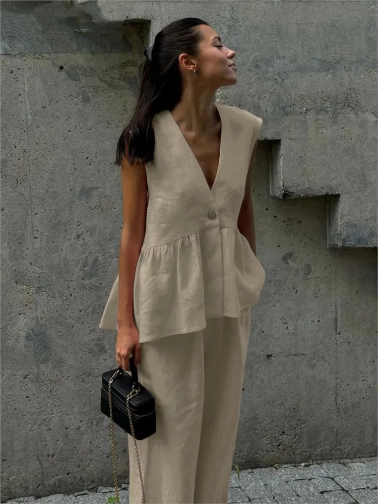 Pink Cotton Linen Ruffles Two Piece Pants Set Secondary image