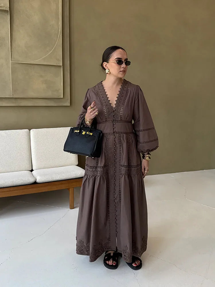 Hollow Lace V-neck Patchwork Maxi Midi Dress Main image