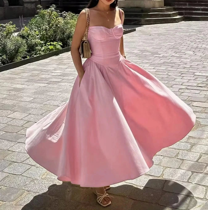 Solid Color French Retro Strap Silk Dress Main image