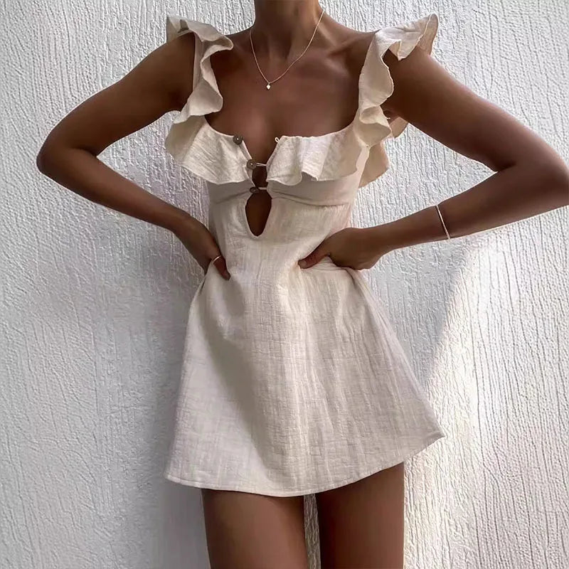 Hollow Ruffled Cotton Beach Gothic Mini Dress