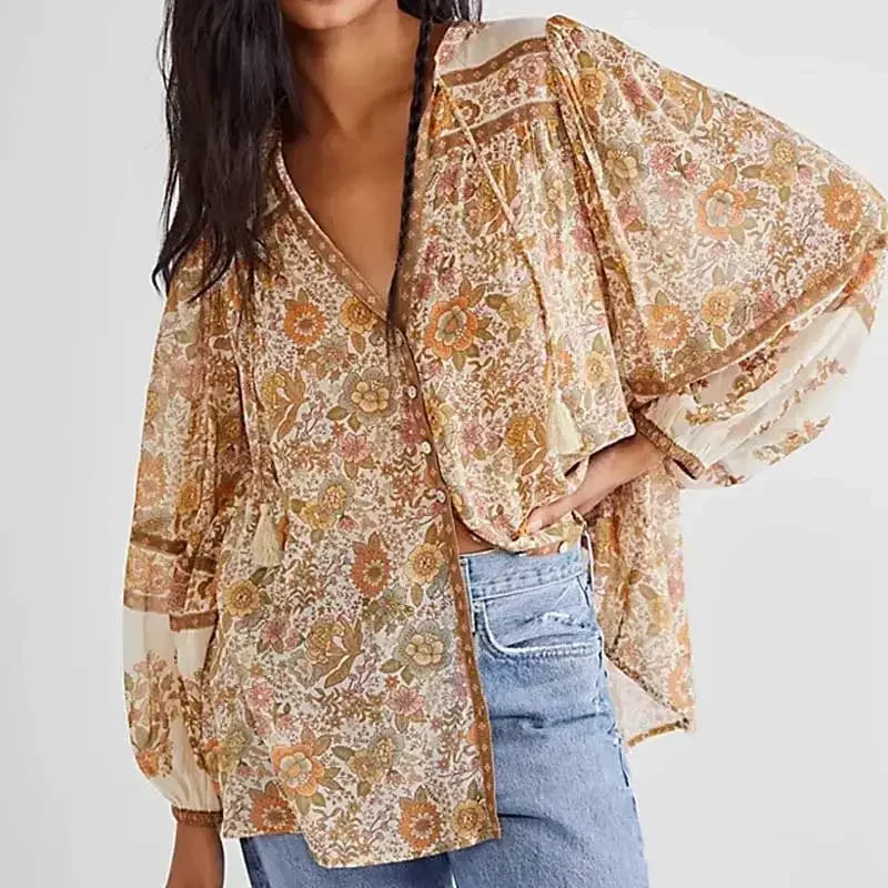 Super Chic Boho Floral Print V-neck Tassel Blouse Main image