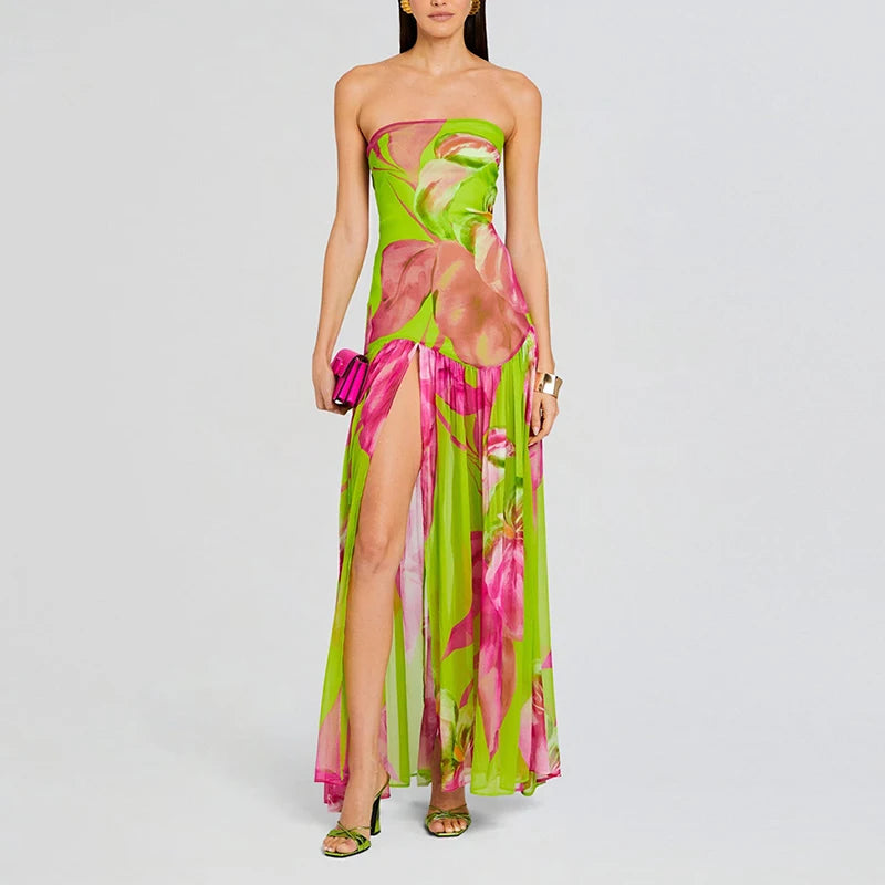Printed Strapless Pleated Midi Dress Main image