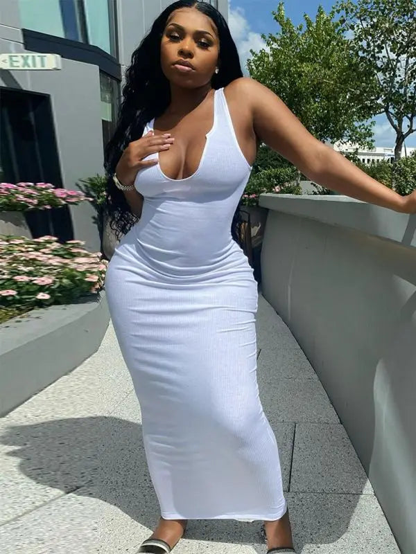 Ribbed Stripe Sleeveless V-neck Midi Dress