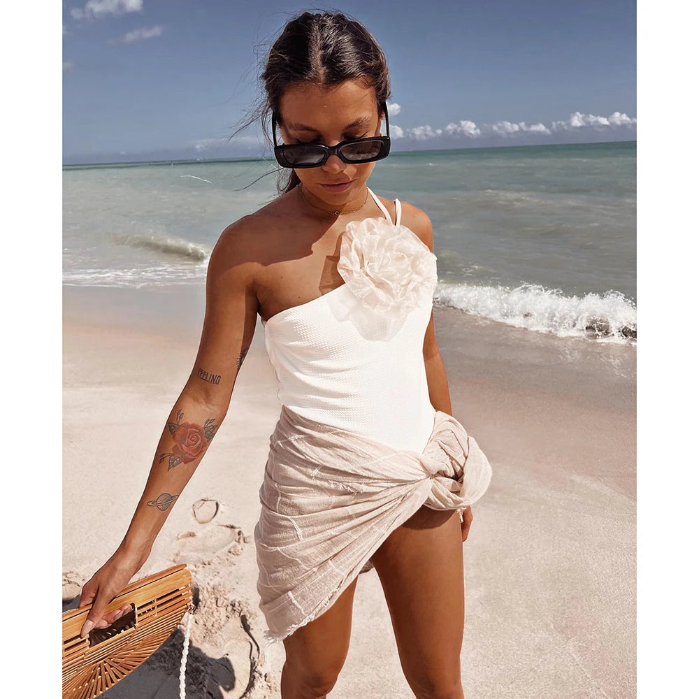 Solid White Lace Up Floral Backless One Piece Swimwear Secondary image