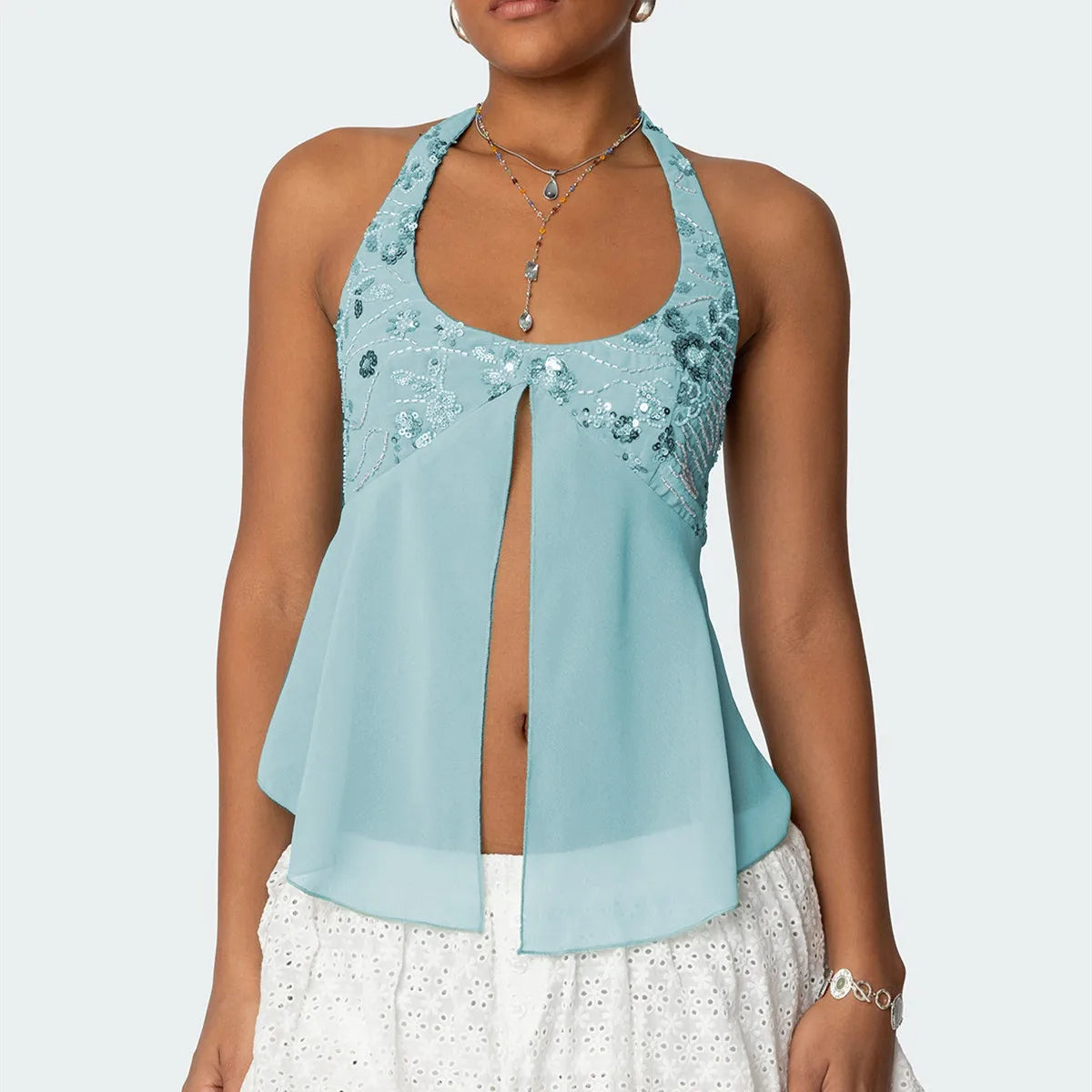 Sequin Chiffon Mesh Halter Backless Sheer Top Secondary image
