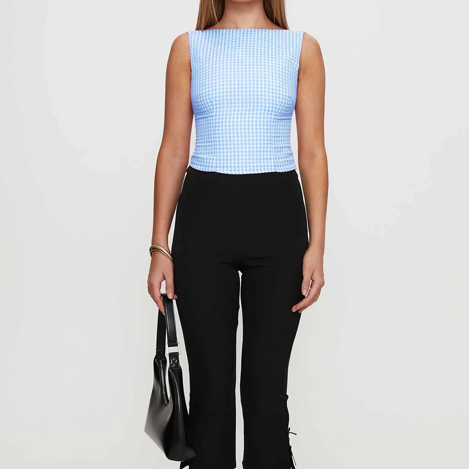 Y2K Cute Open Back Bow Decor Slim Fit Plaid Cami Top