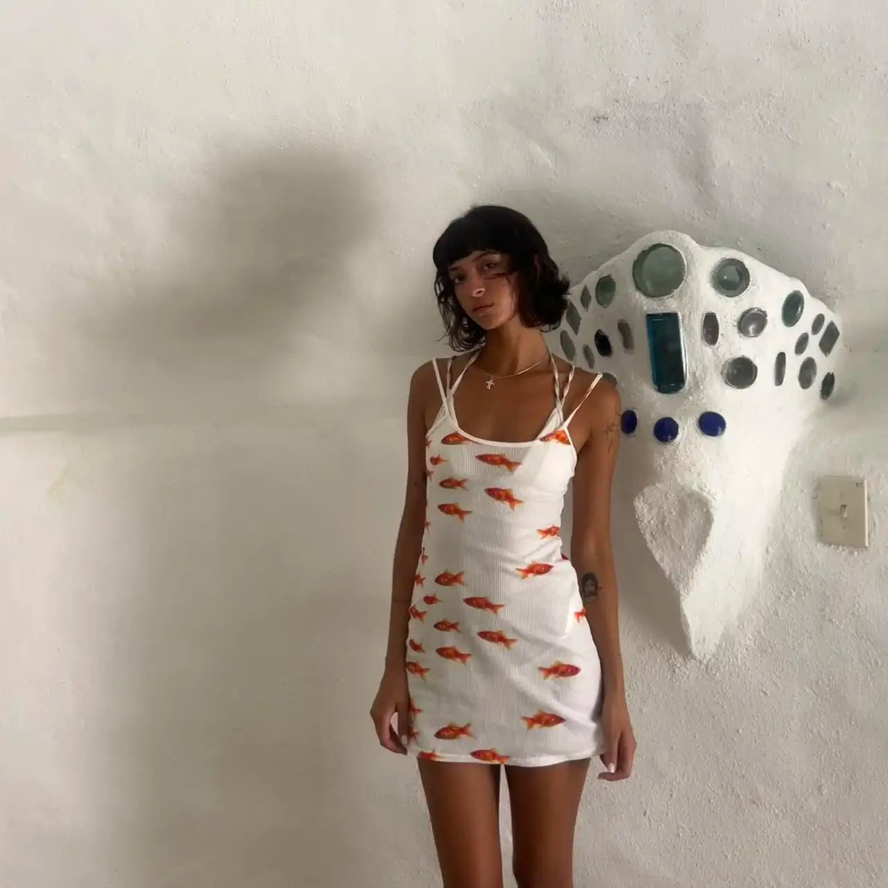Spaghetti Strap Sheath Mini Goldfish Pattern Slip Dress Main image