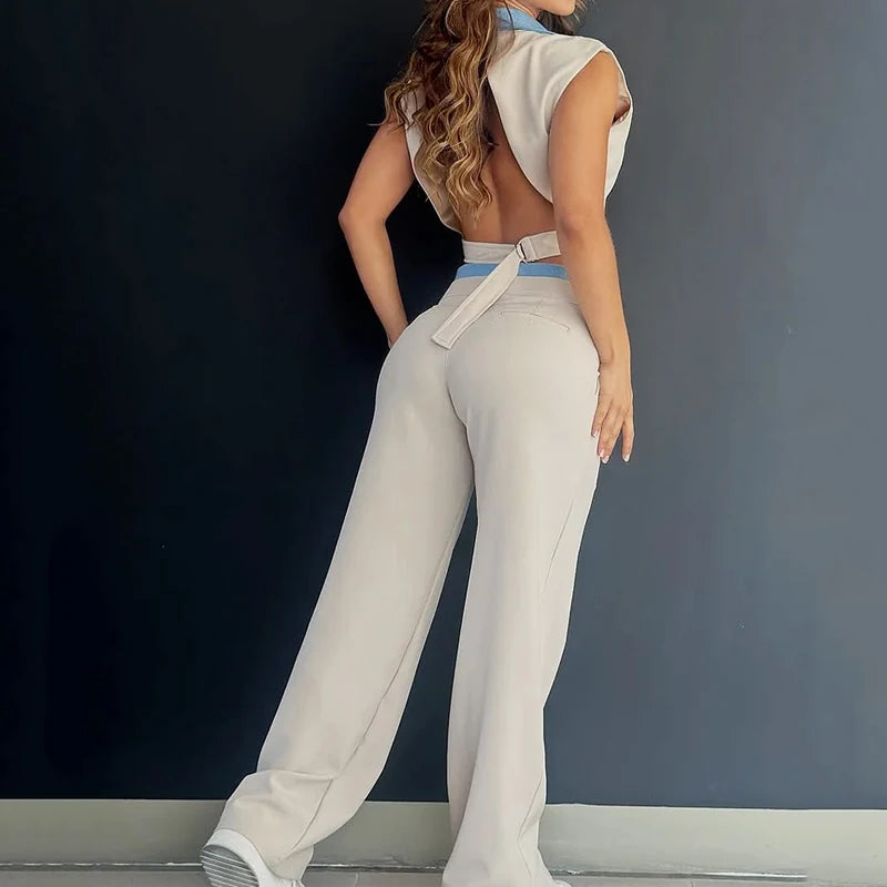 Patchwork V-Neck Backless Suit Secondary image