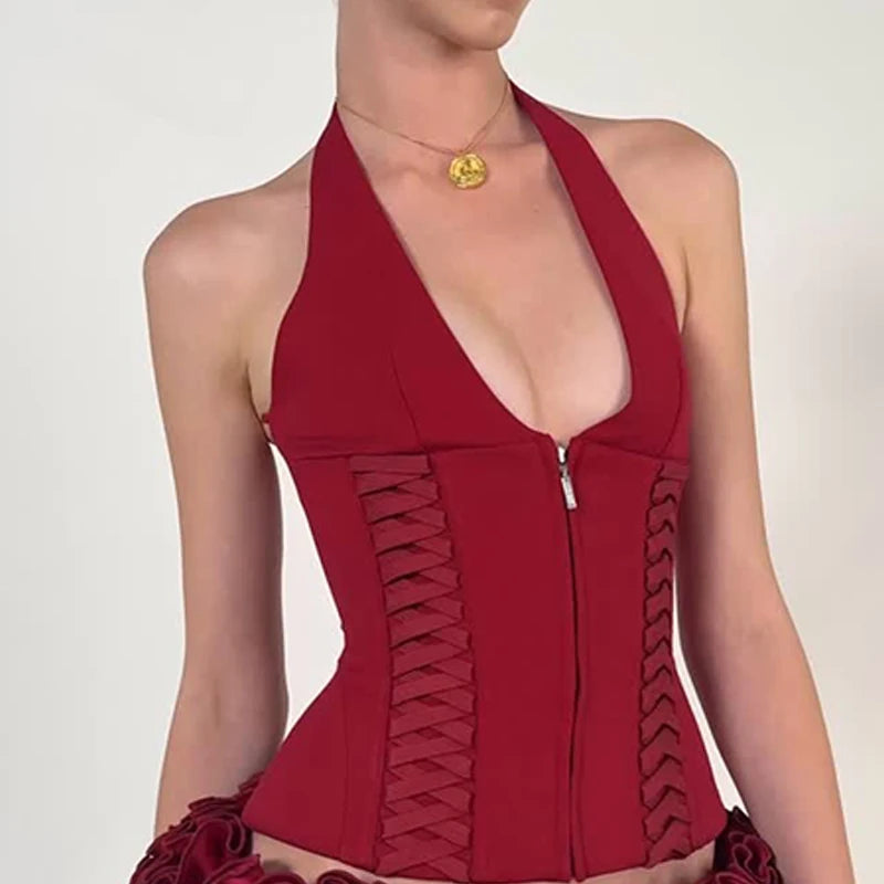 Cross Tie Zipper Slim Off Shoulder Backless Cami Top