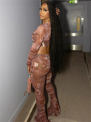 Print Mesh Flared Two Piece Pants Set