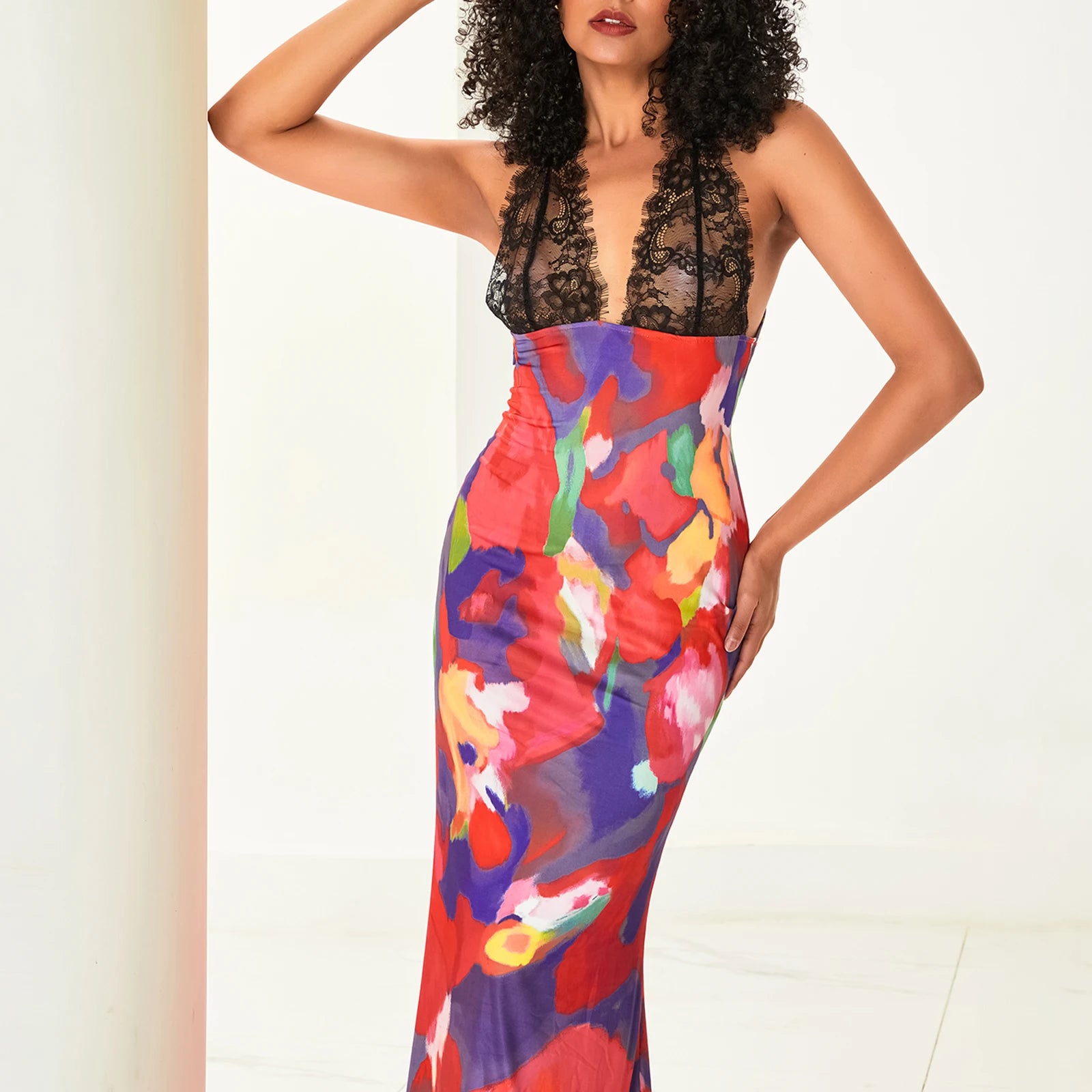 Lace Trim Leopard Patchwork Floral Dress Main image
