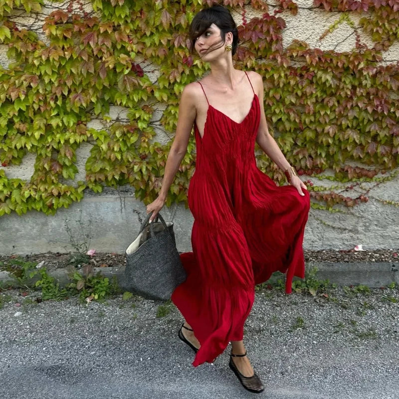 Pleated Deep V-neck Backless Slim Slip Dress Main image