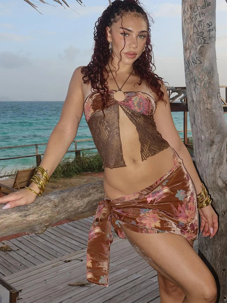 Vintage Patchwork Halter Split Crop Three Piece Swim Sets Main image