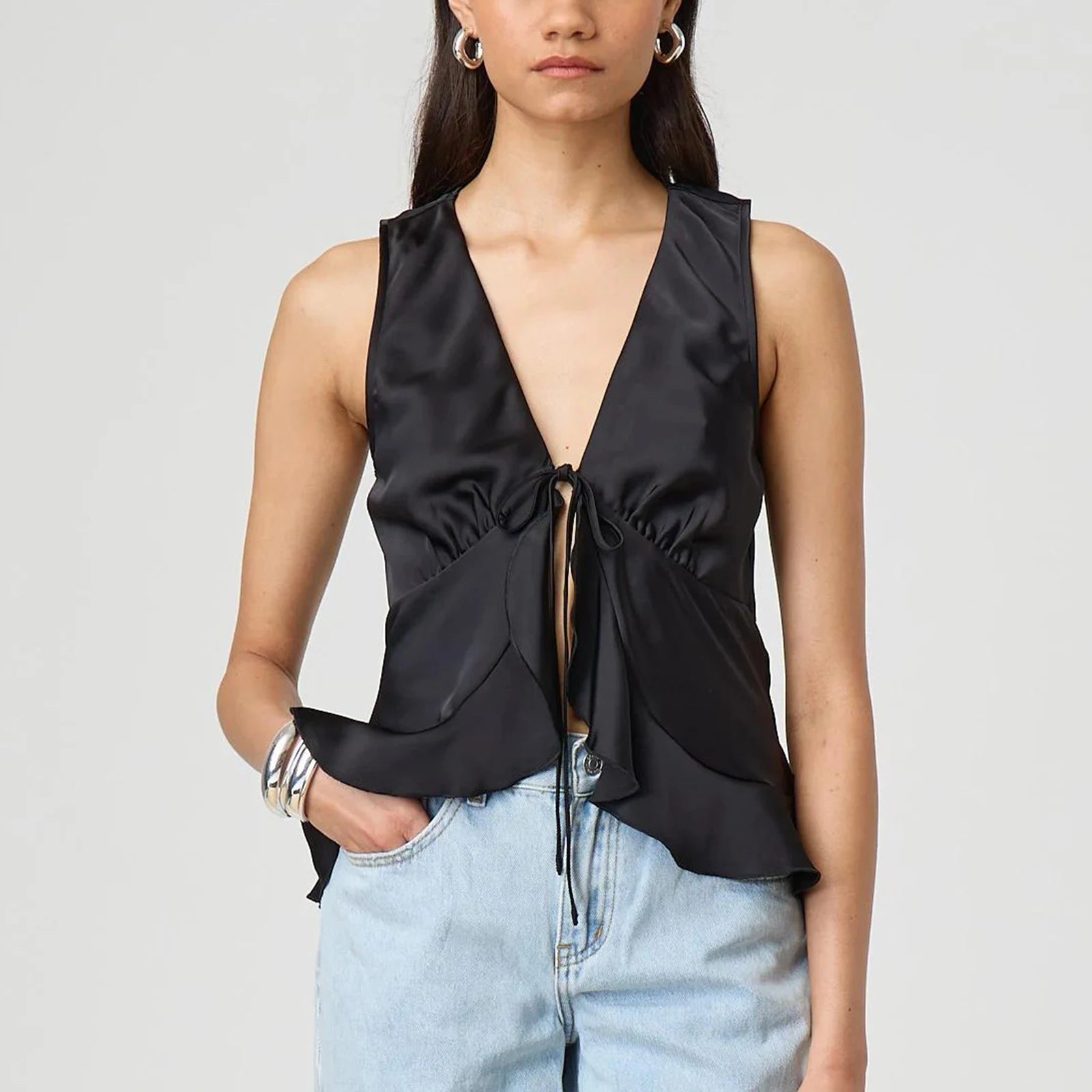 Bow Tie-up V-Neck Ruffled Hem Silky Cami Top Secondary image