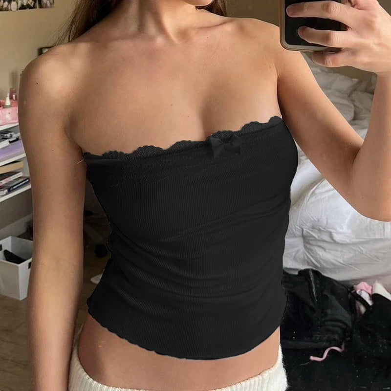Pink Lace Folds Bow Coquette Strapless