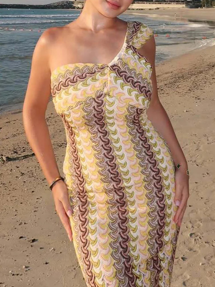 Vintage Print One Shoulder Midi Summer Dress Main image