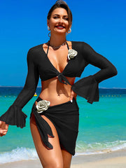 Red Black Floral Mesh Skirt Sexy Three Piece Swim Sets