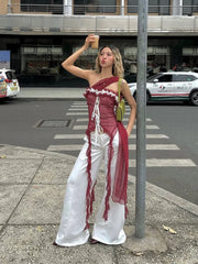 Mesh Scarf Patchwork Lace Ruffled Sheer Top