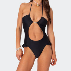 Lace-Up Beaded Cutout One Piece Swimwear