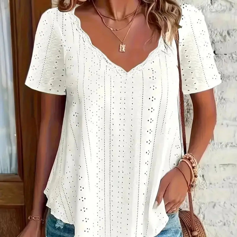 Eyelet Solid V-neck T-shirt Secondary image