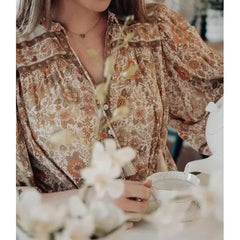 Super Chic Boho Floral Print V-neck Tassel Blouse