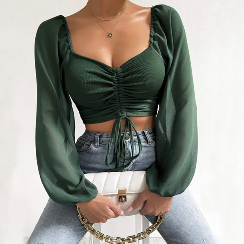 V-Neck Drawstring Bandage Sheer Top