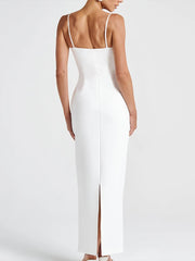 Slit Pearl Strap Patchwork Midi Dress