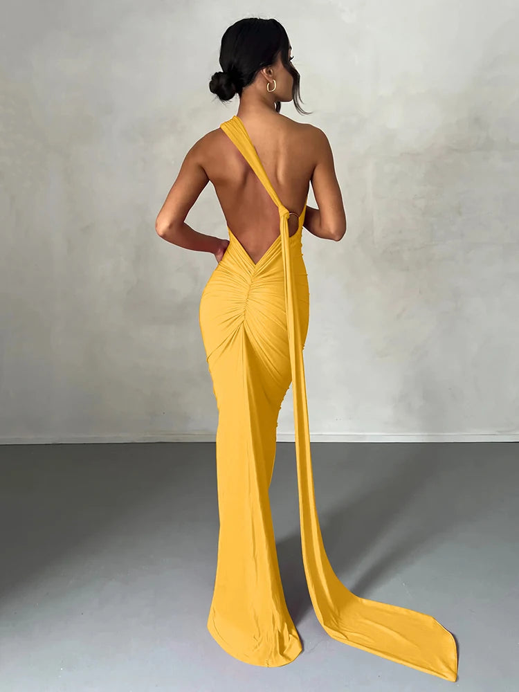 One Shoulder Scarf Ruched Maxi Dress