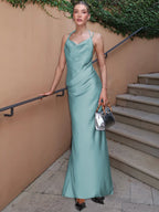 Satin Swing Collar Ruched Maxi Dress