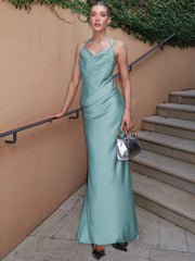 Satin Swing Collar Ruched Maxi Dress