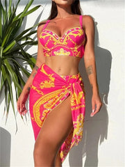 Print Sling High Waist Three Piece Swim Sets