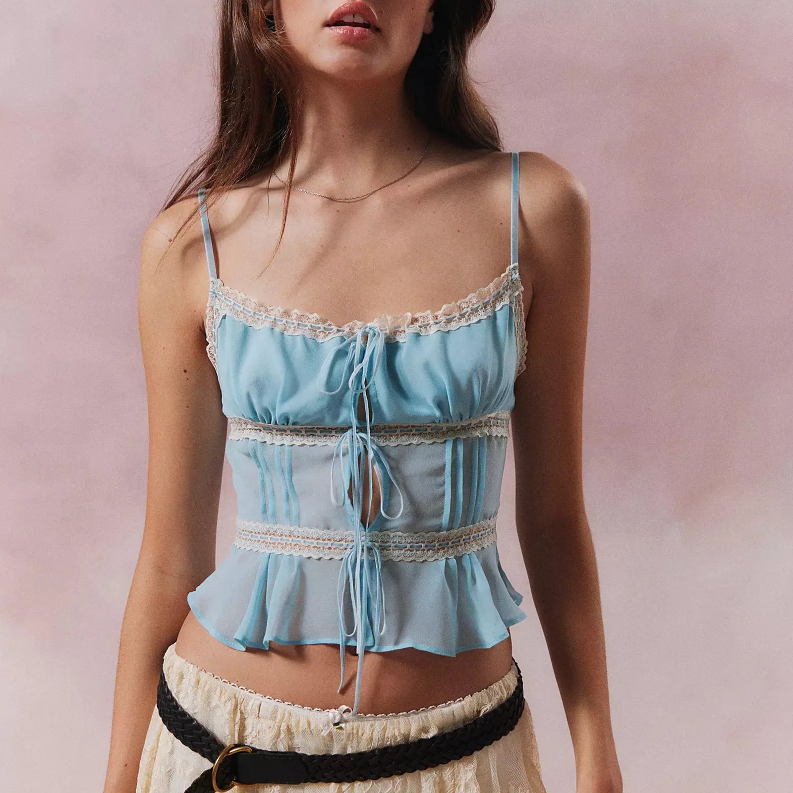 Sheer Mesh Lace Strap V Neck Cami Top Main image
