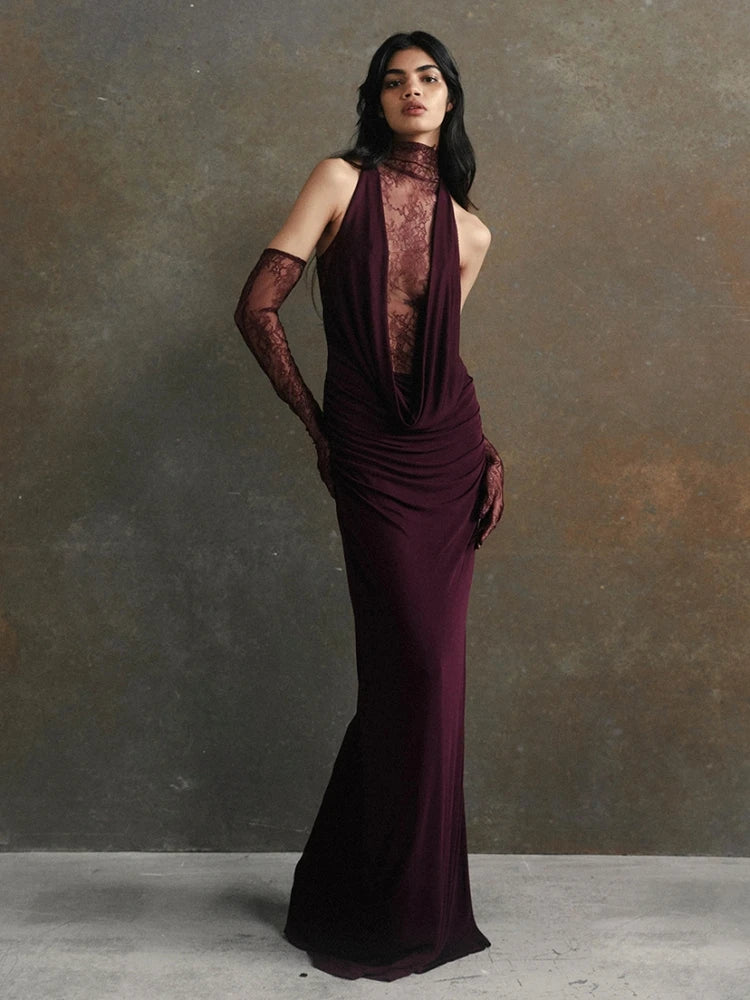 Turtleneck Pleated Gloves Backless Lace Dress Main image