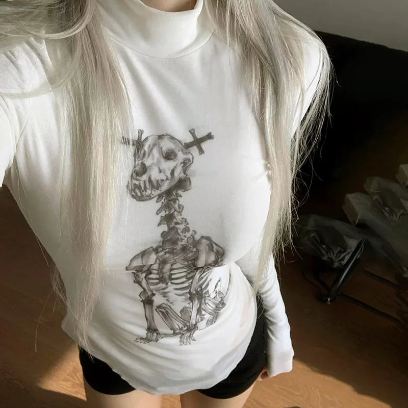 Skulls Print Mandarin Collar Sheer Top Secondary image