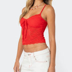 Y2K Lace See-through Sheer Tie-Up Spaghetti Strap Cami Top