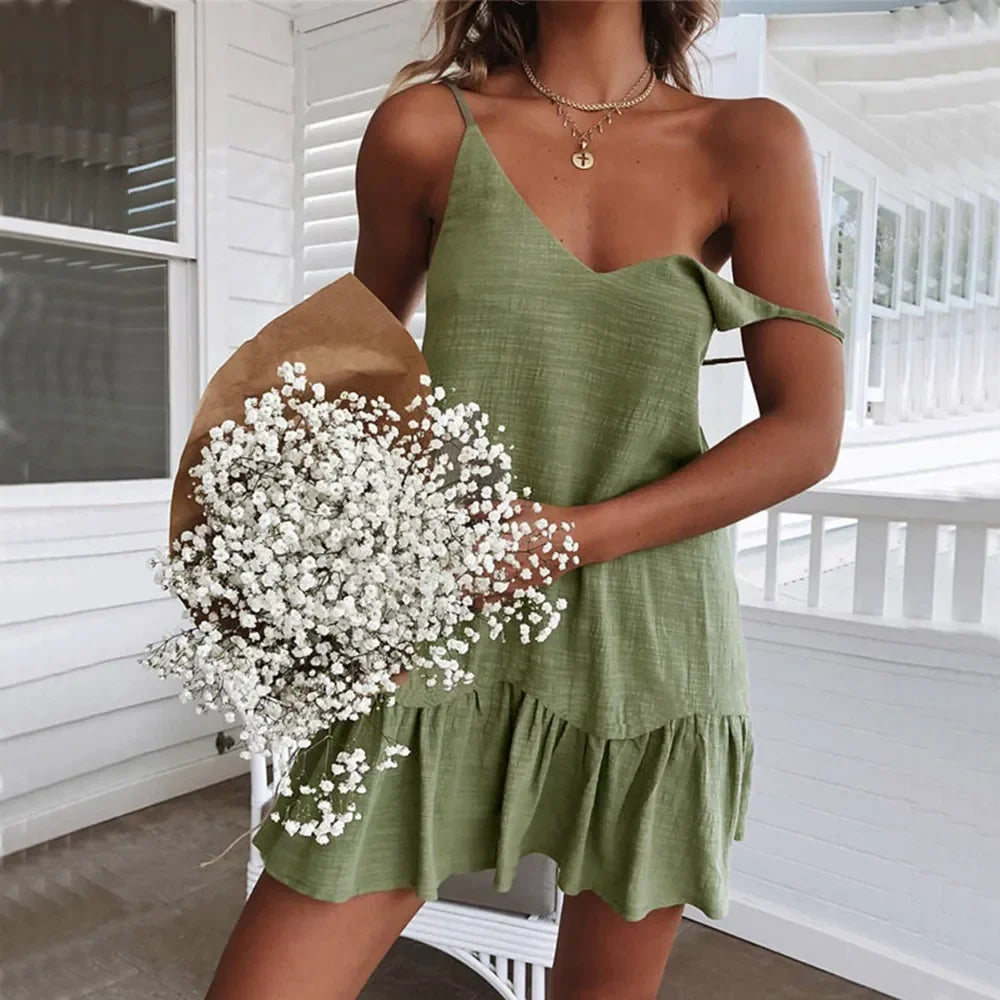 Spaghetti Strap Ruffle Cotton Linen Off Shoulder Slip Dress Secondary image