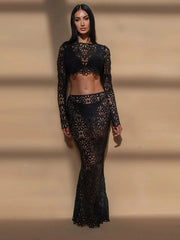 Crochet See Through Flare Sleeve Long Two Piece Skirt Set